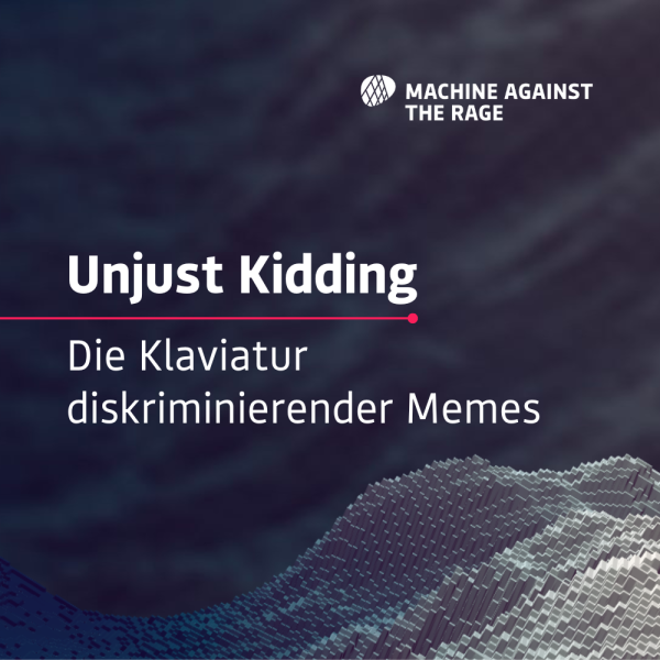 Weißer Schriftzug "Unjust Kidding: Die Klaviatur diskriminierender Memes", auf aerodynamischem, blauen Hintergrund, Roter Laser als Designelement