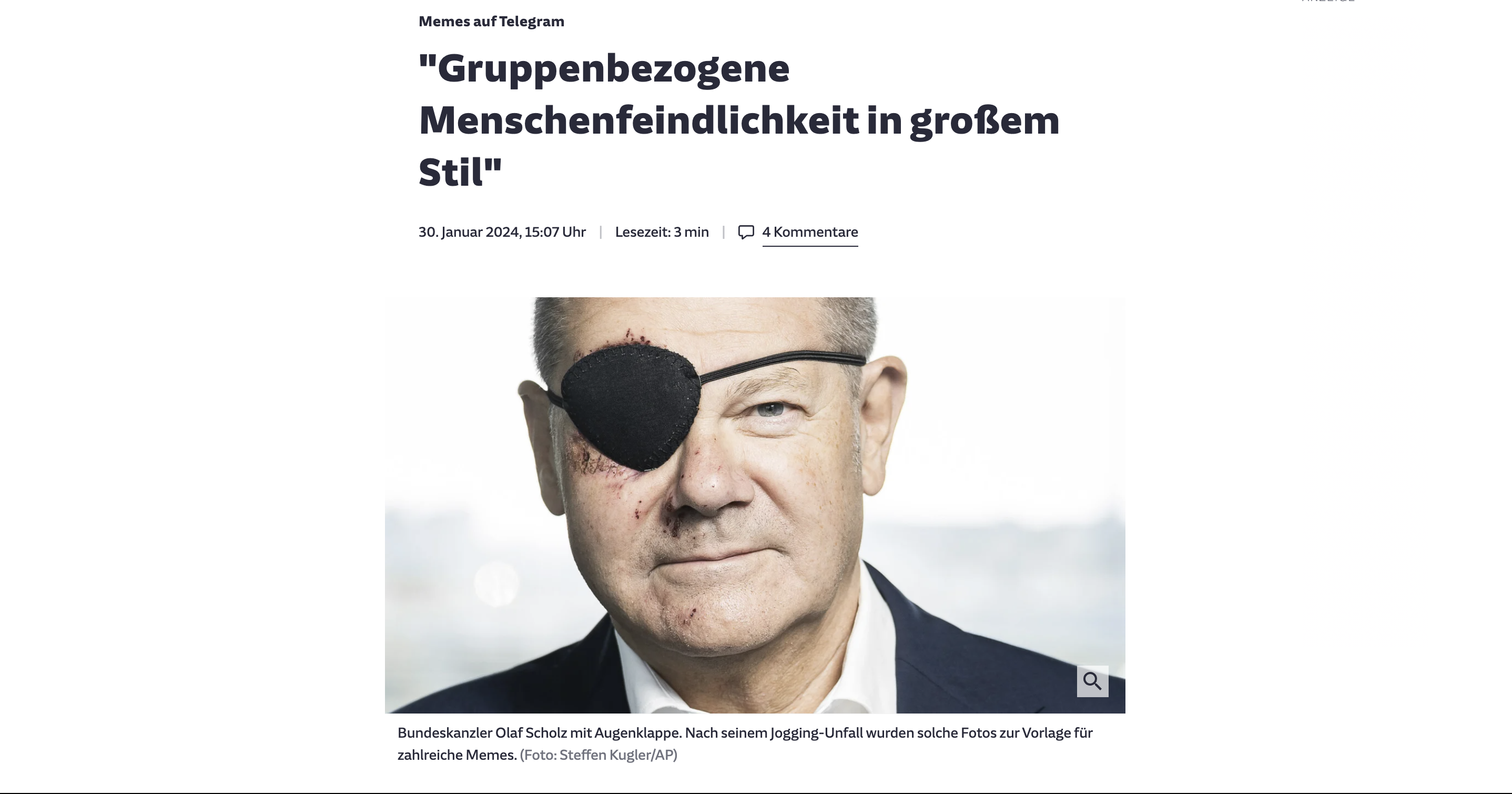 Screenshot der Webseite der Süddeutschen Zeitung, Überschrift »Gruppenbezogene Menschenfeindlichkeit in großem Stil«, darunter ein Foto von Bundeskanzler Olaf Scholz mit Augenklappe
