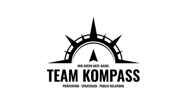 Logo Team Kompass in schwarzer Farbe: Wir gegen Hate-Raids – Prävention, Strategien, Public Relations