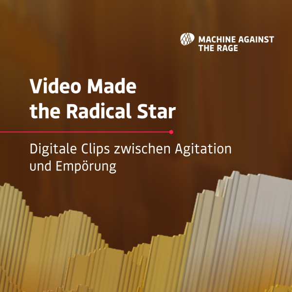 Weißer Schriftzug "Video Made the Radical Star: Digitale Clips zwischen Agitation und Empörung", auf aerodynamischem, gelben Hintergrund, Roter Laser als Designelement