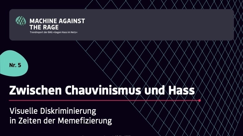 Schwarzer Hintergrund mit weißer Schrift. Titel: Zwischen Chauvinismus und Hass »Nr. 5« in türkisfarbener Bubble zur Information über die Ausgabe. Logo »Machine Against the Rage« oben links, türkisfarbenes Netz und roter Sensor als Designelemente.